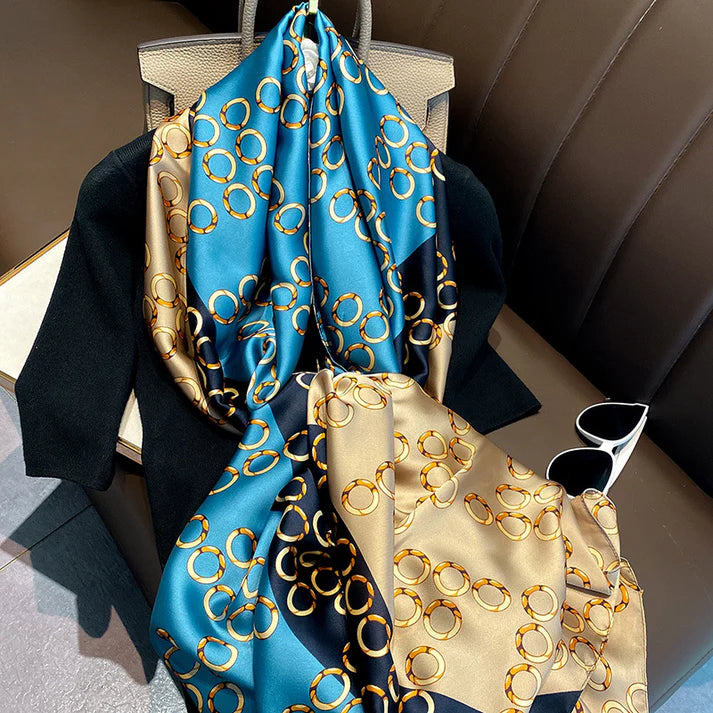 Luxury Printed Large Silk Scarf - LUXURY SCARF 180 * 86 CMS - F-292_BLU